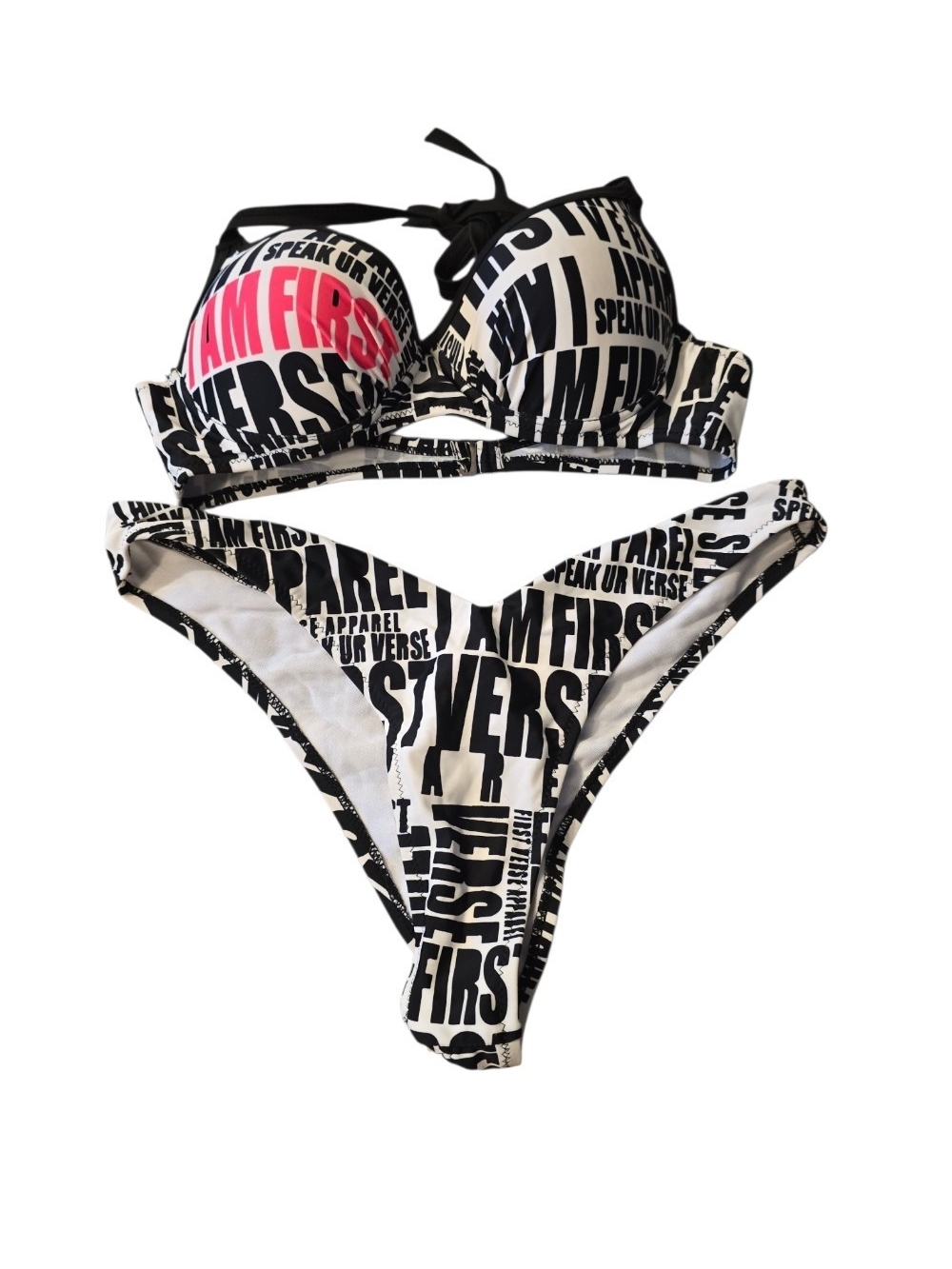 Black & White Graphic Text Bikini Set with Pink Accent - Size Medium